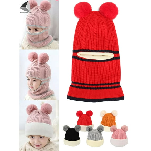 PULLIMORE Winter Warm Baby Knitted Hat Scarf Kids Boys Girls Hood Hats Toddler Earflap Beanie with Pompom (Black)