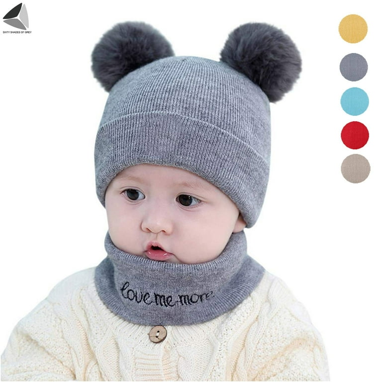 PULLIMORE Winter Warm Child Beanie Hat Scarf Set Ski Knit Hat Cap with Pompom for 0 12 Months Old Baby Boys Girls Gray