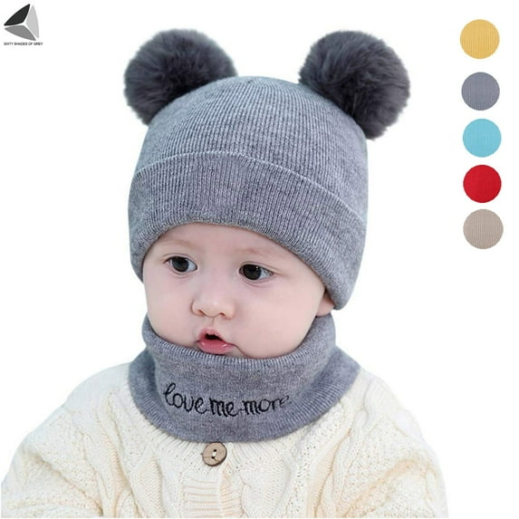 PULLIMORE Winter Warm Child Beanie Hat Scarf Set Ski Knit Hat Cap with Pompom for 0-12 Months Old Baby Boys Girls (Gray)