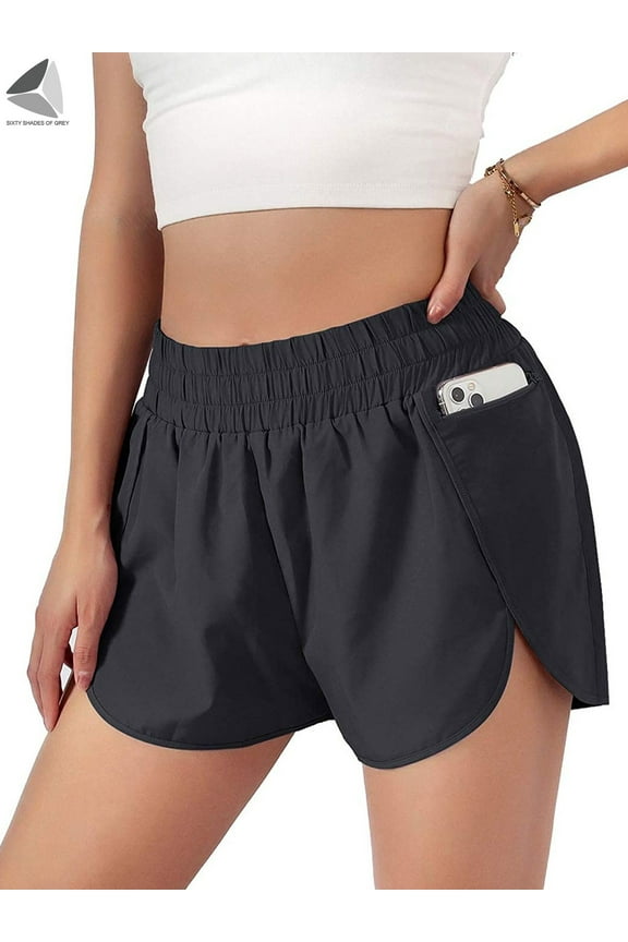 Women Athletic Running Shorts Built-in Panties High Waisted Workout Running Short with Zipper Pockets (L, Navy Blue)