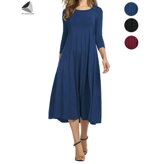 PULLIMORE Women Casual Half Sleeve Autumn Dresses Long Midi Loose Swing Dress with Pockets（Navy Blue)