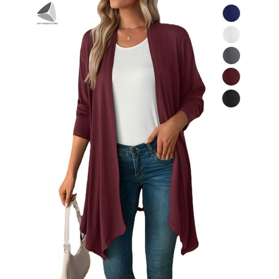 PULLIMORE Women Casual Open Front Cardigan Lightweight Irregular Hem Long Sleeve Coats (L, Red)
