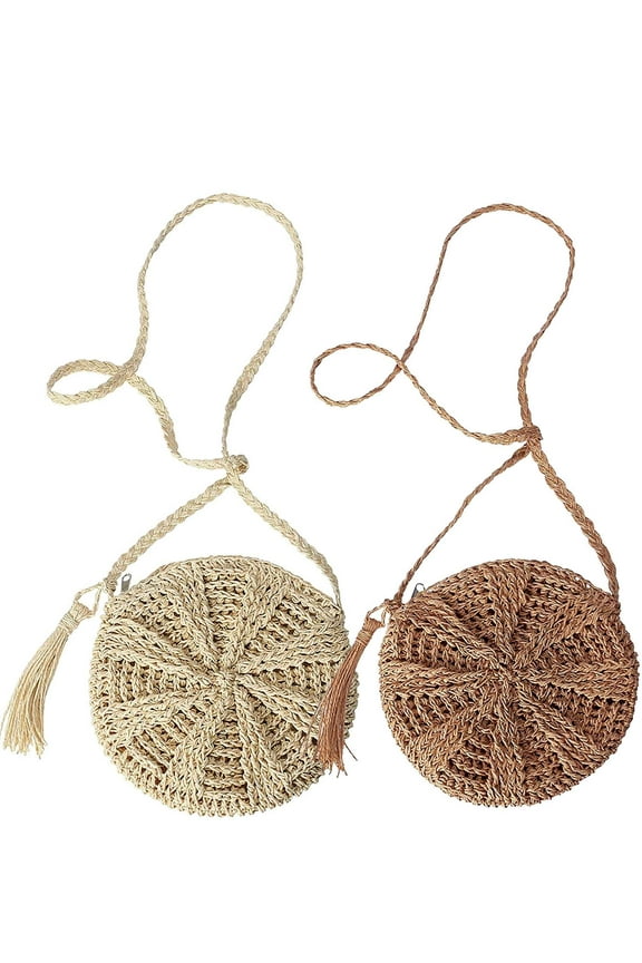 Women Crossbody Straw Bags Boho Woven Summer Beach Rattan Shoulder Purse Handbag (Round, Khaki)