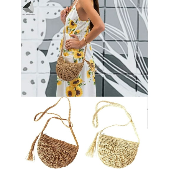 PULLIMORE Women Crossbody Straw Bags Woven Summer Beach Rattan Shoulder Purse Boho Handbag (Dumpling, Khaki)