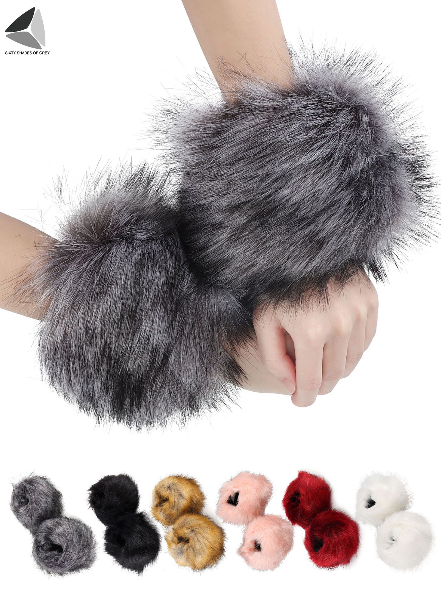 PULLIMORE Pairs Women Faux Fur Wrist Cuff Wristband Plush Cuff