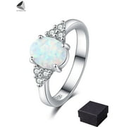 PULLIMORE Women Fire Opal 925 Sterling Silver Ring Oval Created White Gemstone Jewelry Gift （Size 7)