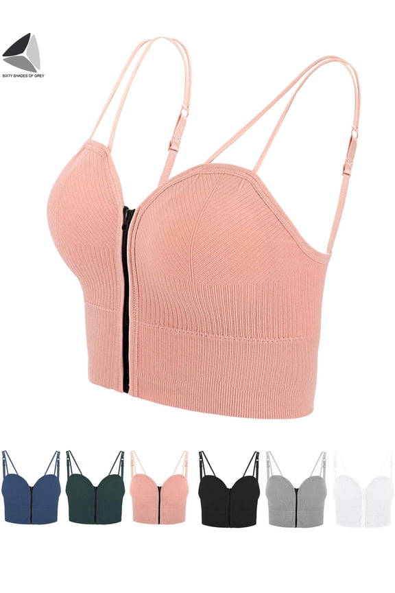 Women Front Zipper Closure Bras Casual V Neck Bralette Straps Bra Workout Yoga Bra (Pink)