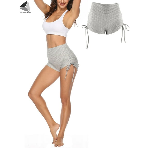 PULLIMORE Women High Waist Yoga Shorts Textured Butt Lifting Summer Hot Pants For Beach Sport Gym (S, Gray)