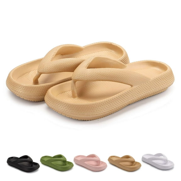 PULLIMORE Women Men Flip Flops Cushion EVA Thong Sandals Comfortable Shower Beach Shoes (L, Khaki)