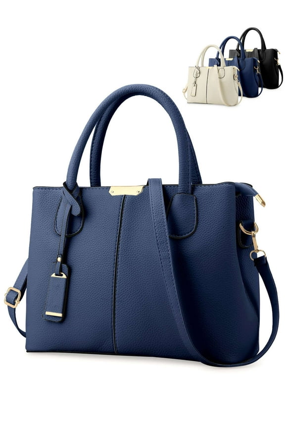 Women Satchel Handbags Large PU Leather Shoulder Bags Top Handle Totes Briefcase Work Bag (Navy)