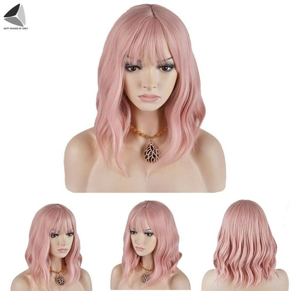 PULLIMORE Women Short Bob Wigs with Bangs Natural Looking Human Wave Hair Wig Synthetic for Cosplay Daily (Pink)