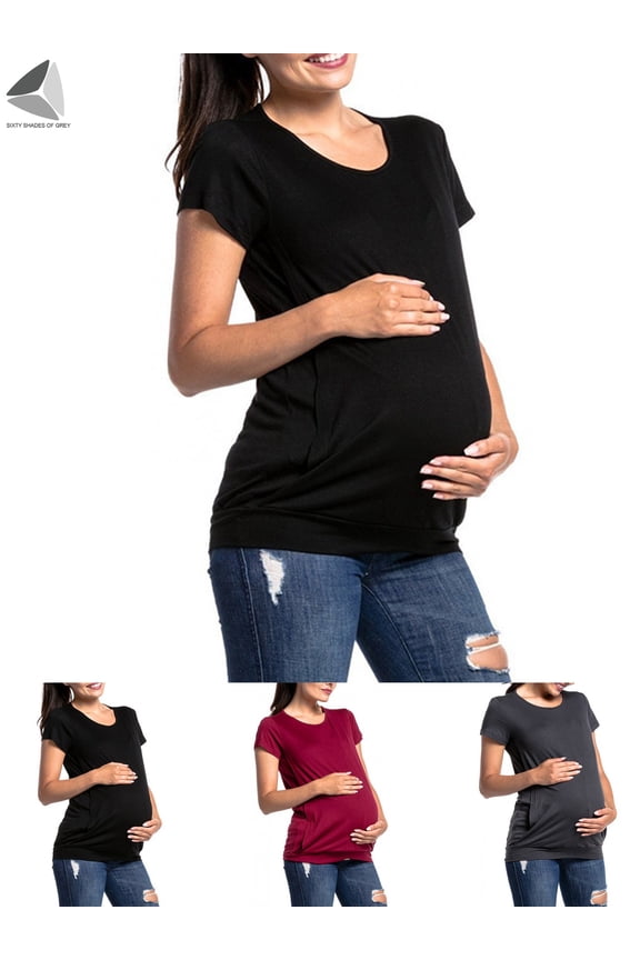 Women Summer Short Sleeve Maternity Nursing Shirt Breastfeeding Top Blouse T-Shirts (L, Black)