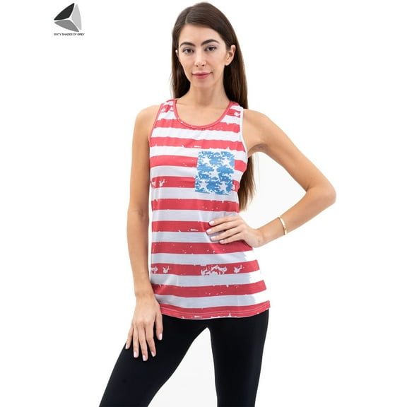 PULLIMORE Women Tank Tops Casual Crewneck Sleeveless American Flag Shirts Blouses (Size L)