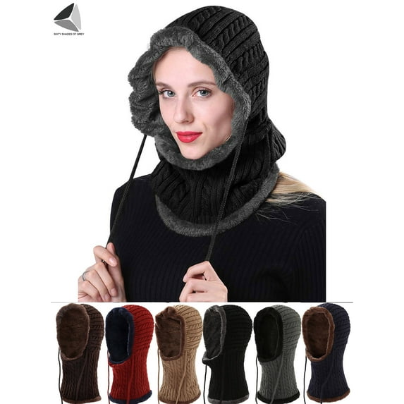 PULLIMORE Women Winter Beanie Scarf Hats Conjoined Cap Fleece Lining Ski Snow Hat (Coffee)