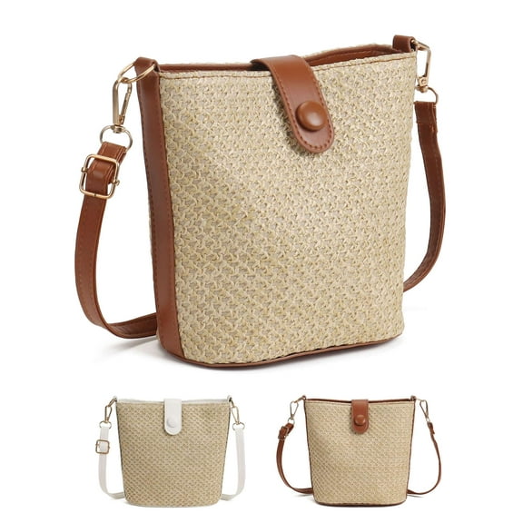 PULLIMORE Women Zipper Straw Crossbody Bag Boho Woven Beach Shoulder Bags Leather Straps Straw Clutch Purse Vacation (White)