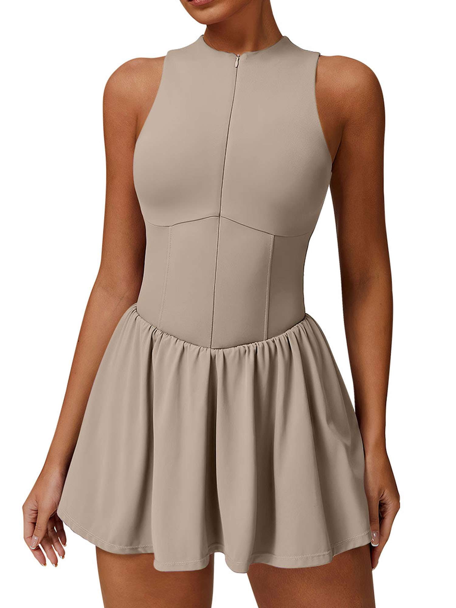 PULLIMORE Women's Athletic Tank Dress with Built-In Bra - Moisture-Wicking Golf/Tennis Dress(Khaki)