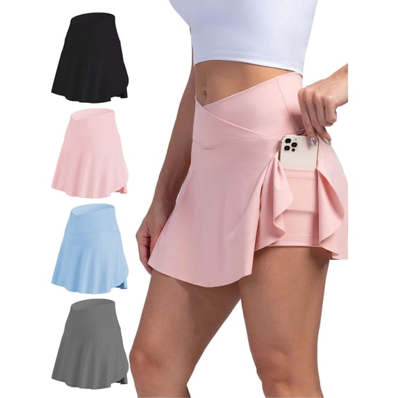PULLIMORE Women's Athletic Tennis Skorts with Pockets Built-in Shorts Golf Active Skirts for Sports Running Gym Training (Pink,S)