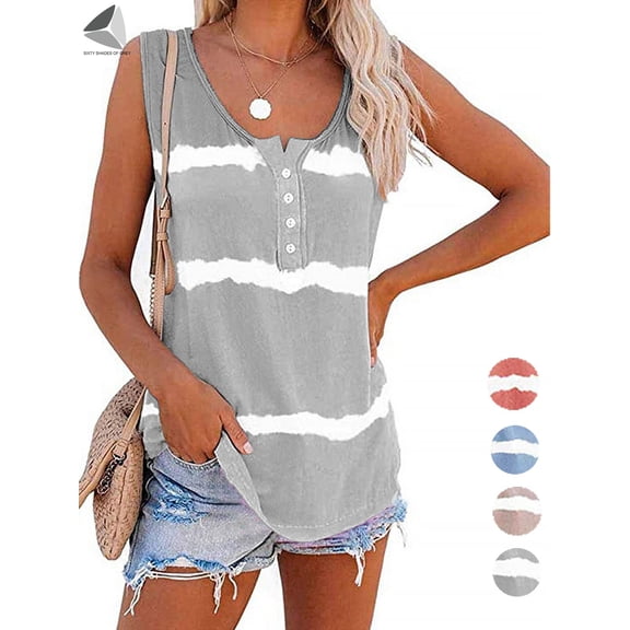 PULLIMORE Women's Boho Tie Dye Tops Summer Tank Tops Sleeveless Crew Neck Casual Loose T-Shirts Plus Size (XL, Gray)