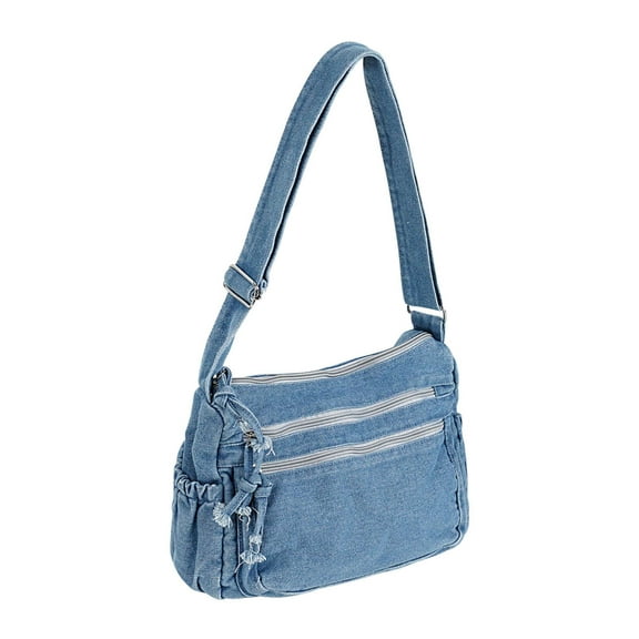 PULLIMORE Women's Denim Crossbody Bag - Adjustable Strap, Multiple Pockets, Holds Phone & Wallet (Blue)