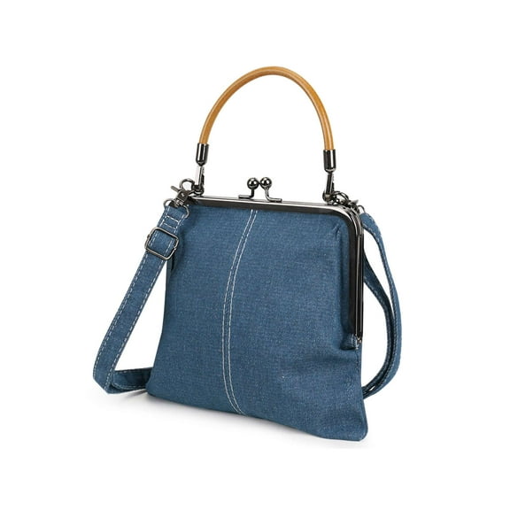 PULLIMORE Women's Denim Frame Bag with Kiss-Lock Closure - Adjustable Crossbody Strap & Top Handle, 3-in-1 Purse (Blue)