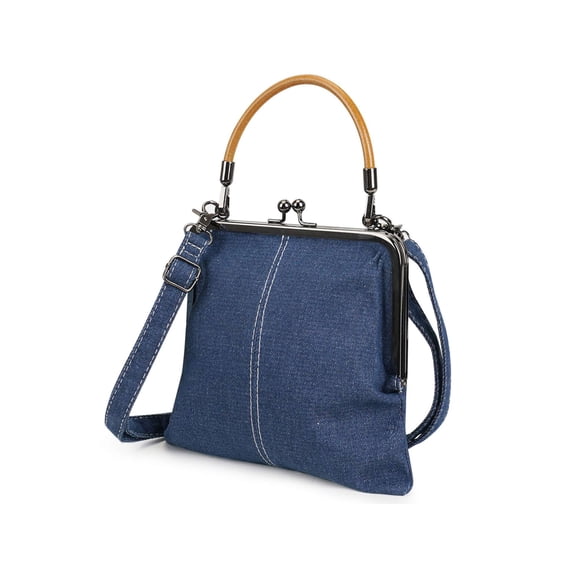PULLIMORE Women's Denim Frame Bag with Kiss-Lock Closure - Adjustable Crossbody Strap & Top Handle, 3-in-1 Purse (Navy)