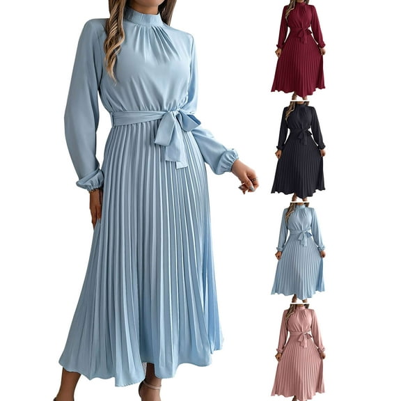 PULLIMORE Women's Elegant Pleated Maxi Dress - Long Sleeve with Waist Tie (Blue, L)
