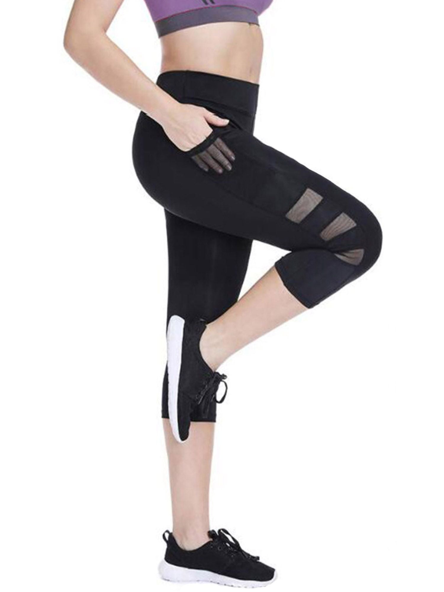 PULLIMORE Women's High Waist Yoga Pants Mesh Running Capri Pants with Side  Pockets Tummy Control Workout Running 4 Way Stretch Sport Leggings Size