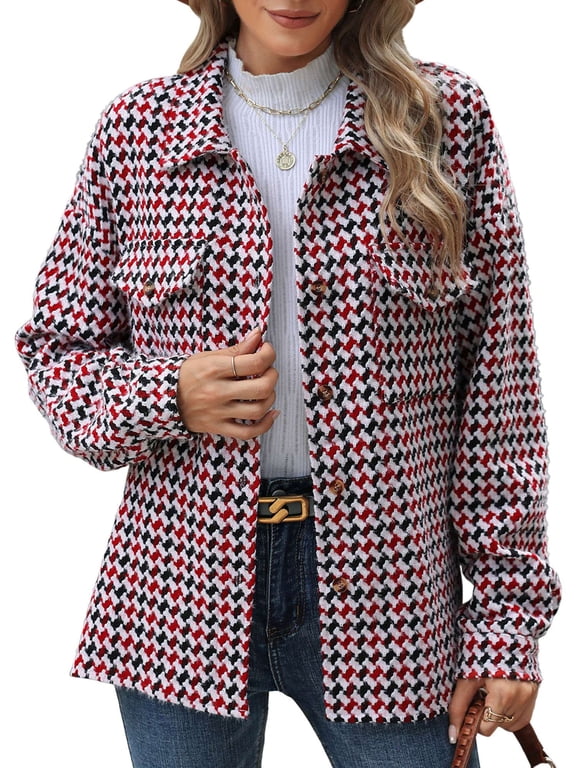 Women's Houndstooth Shacket, Button Down Shirt Jacket with Pockets