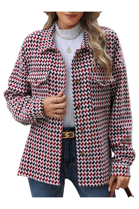 Women's Houndstooth Shacket, Button Down Shirt Jacket with Pockets