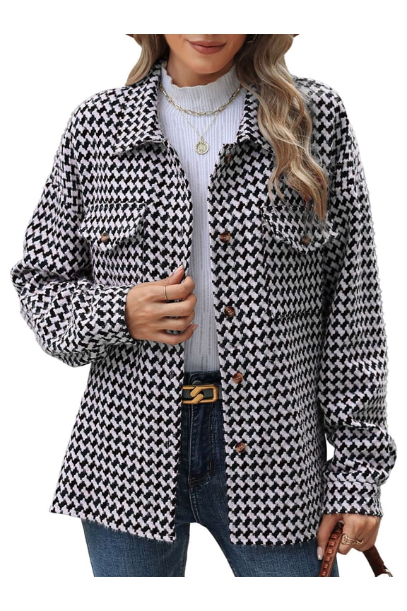 Women's Houndstooth Shacket, Button Down Shirt Jacket with Pockets