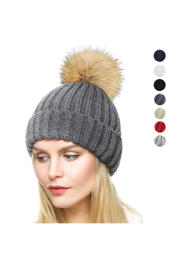 Women's Knitted Beanie Hat Winter Warm Soft Ski Cuff Caps with Pom Pom (Dark Gray)
