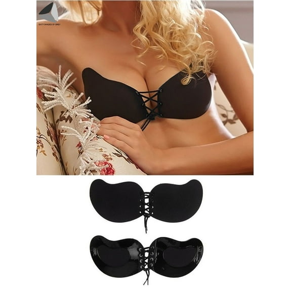 PULLIMORE Women's Push Up Invisible Bras Breathable Self-Adhesive Backless Bras Drawstring Chest Stickers (Cup C, Black)