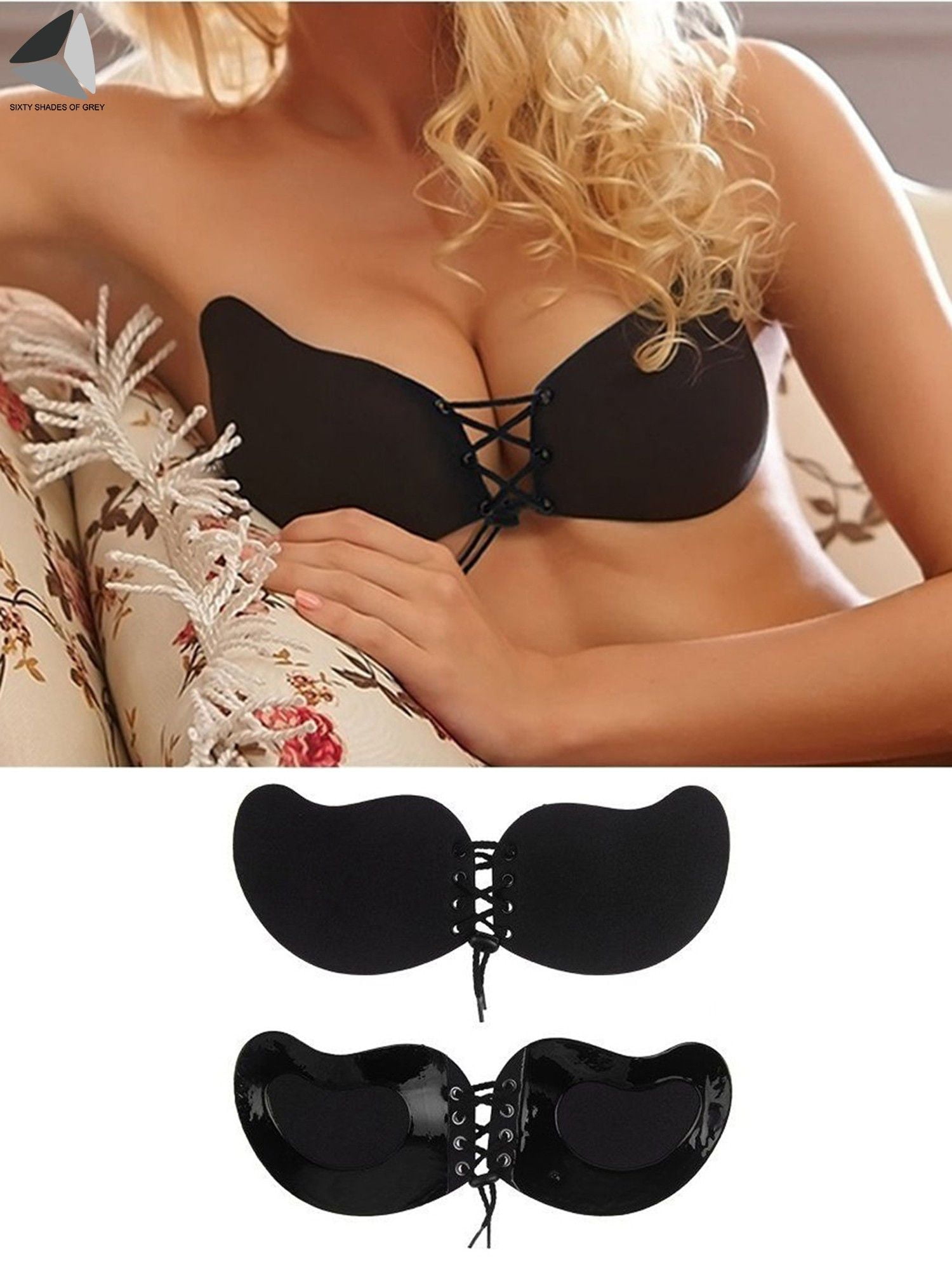 PULLIMORE 2 Pairs Women's Push Up Invisible Bras Breathable Self-Adhesive  Backless Bras Drawstring Chest Stickers (Cup B, Black+Skin)