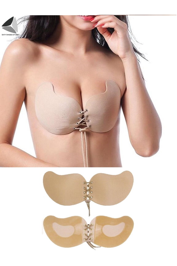 Women's Push Up Invisible Bras Breathable Self-Adhesive Backless Bras Drawstring Chest Stickers (Cup D, Skin)