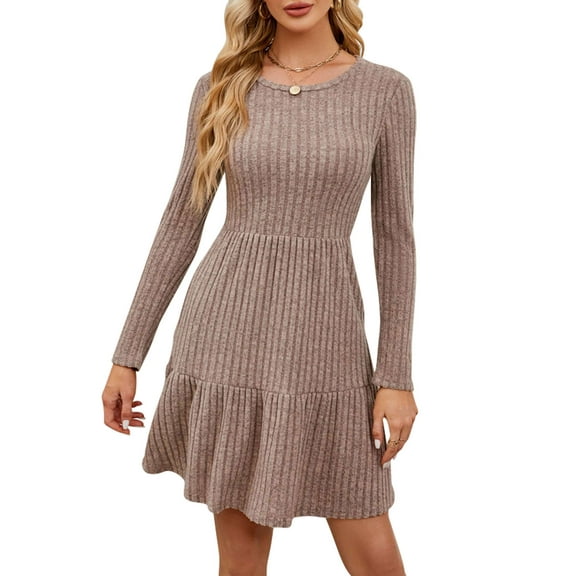 PULLIMORE Women's Ribbed Sweater Dress - Tiered Hem, Long Sleeve with Pockets