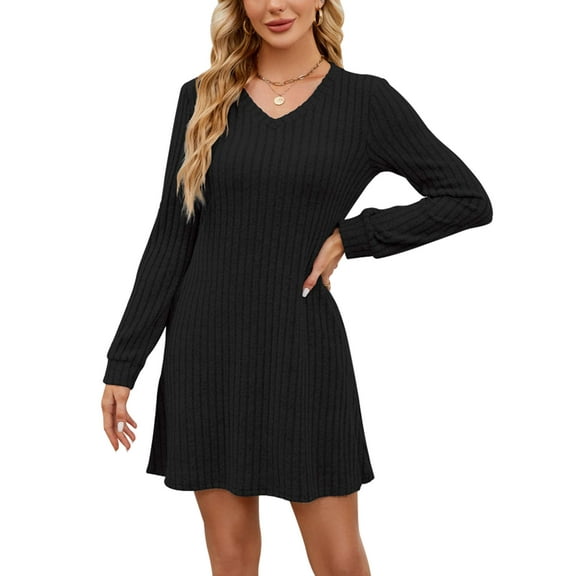 PULLIMORE Women's Ribbed Sweater Dress - V-Neck, Mid-Length with Pockets, S-2XL