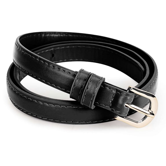 PULLIMORE Women's Skinny PU Leather Belt - 0.7" Thin Strap with Gold Buckle, Adjustable for Jeans & Dresses (Black)