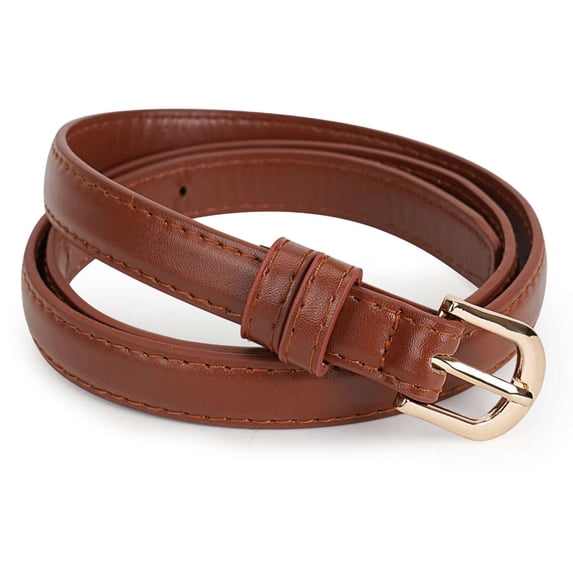 PULLIMORE Women's Skinny PU Leather Belt - 0.7" Thin Strap with Gold Buckle, Adjustable for Jeans & Dresses (Brown)