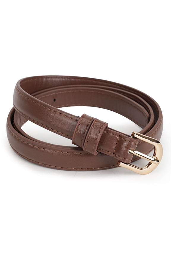 Women's Skinny PU Leather Belt - 0.7" Thin Strap with Gold Buckle, Adjustable for Jeans & Dresses (Coffee)