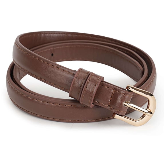 PULLIMORE Women's Skinny PU Leather Belt - 0.7" Thin Strap with Gold Buckle, Adjustable for Jeans & Dresses (Coffee)