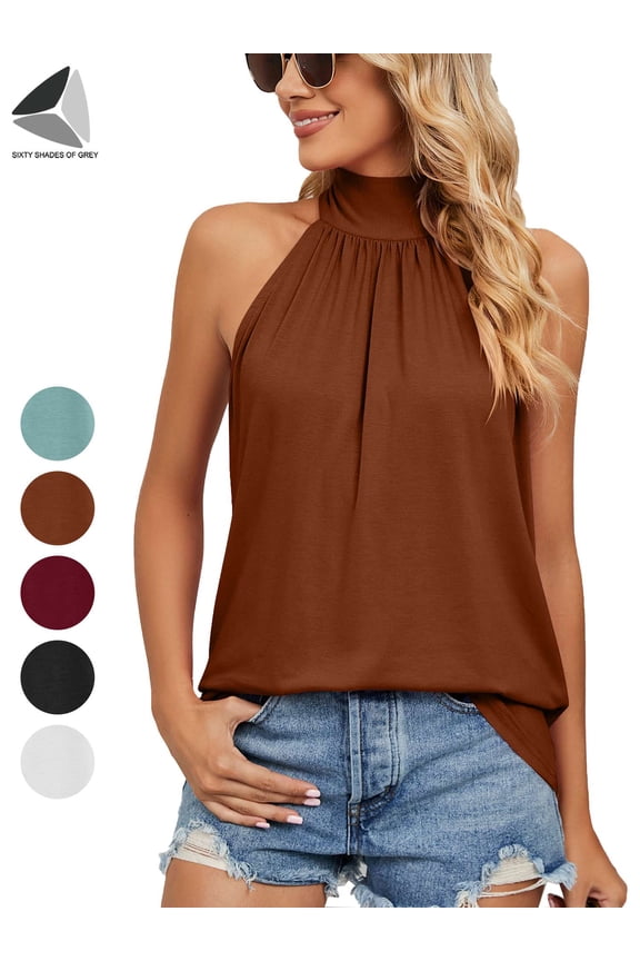 Women's Sleeveless Tie Halter Tops Summer High Neck Tank Top Loose Casual Shirts Blouse （Caramel,M）