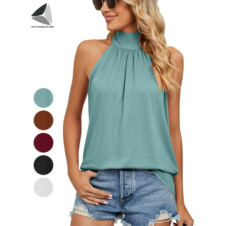 PULLIMORE Women's Sleeveless Tie Halter Tops Summer Loose Casual High Neck  Tank Top Blouse Shirts （Green,XL）