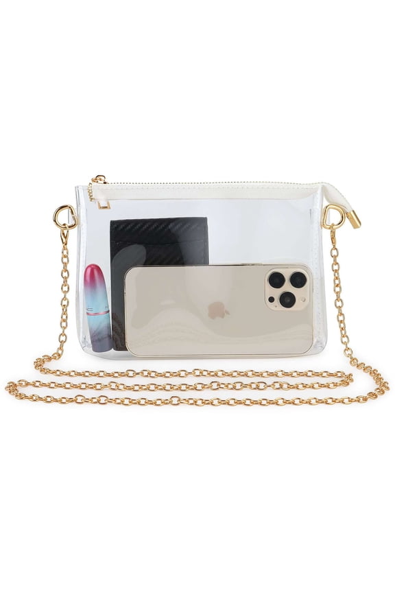 Women's Small Clear Crossbody Bag, Gold-colored Thin Chain Strap with Clear PVC Pouch, Suit for Quick Security Check