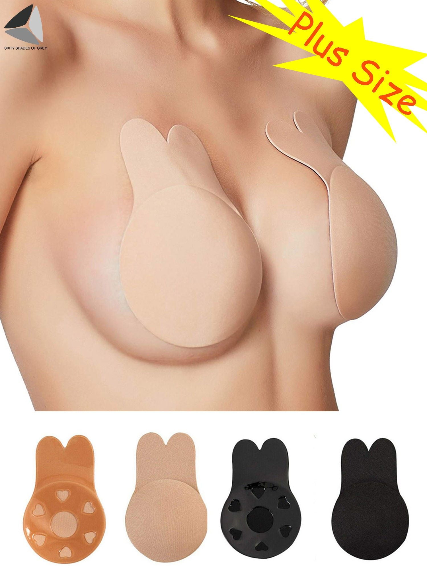 PULLIMORE 2 Pairs Women's Strapless Silicone Invisible Bra Self-Adhesive Plus  Size Push Up Rabbit Sticky Bra (Black + Skin) 