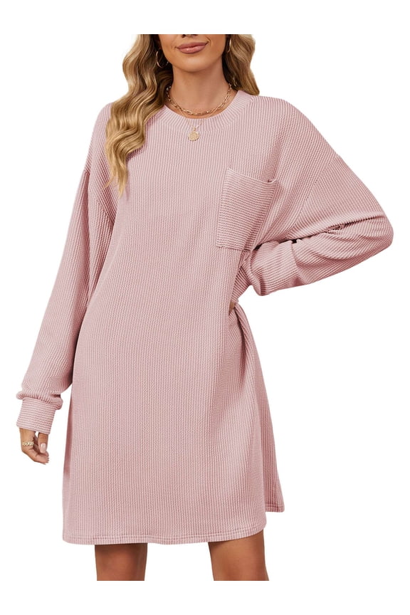 Women's Striped Knit Midi Dress, Long Sleeve Casual Shift Dress Pocket