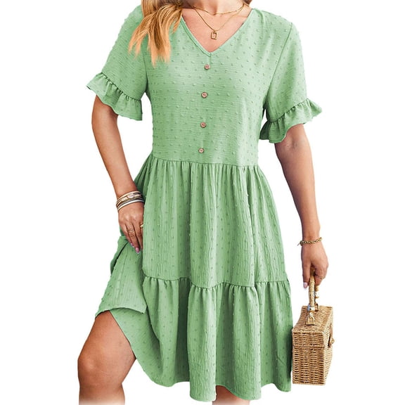 PULLIMORE Women's Summer Dresses Casual Ruffle Sleeve V Neck Swiss Dot Mini Babydoll Dress (Green,S)