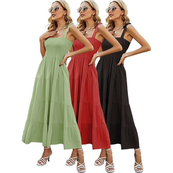PULLIMORE Women's Summer Maxi Dress Casual Boho Sleeveless Spaghetti Strap Long Beach Sundresses, Green, Size S