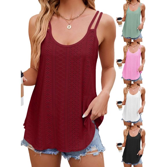 PULLIMORE Women's Tank Tops Eyelet Embroidery Sleeveless Camisole Scoop Neck Loose Casual Summer Clothes Flowy Shirts (L,Red)