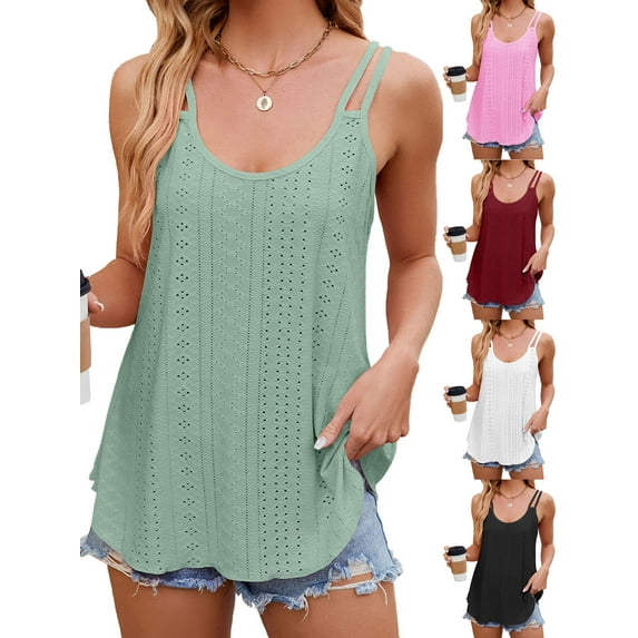 PULLIMORE Women's Tank Tops Eyelet Embroidery Sleeveless Camisole Scoop Neck Loose Casual Summer Clothes Flowy Shirts (S,Green)