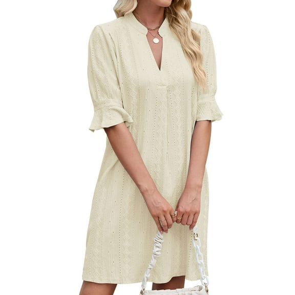 PULLIMORE Women’s Textured Jacquard Dress - Breathable V-Neck, Ruffled Sleeves, loose-fit(S, Beige)